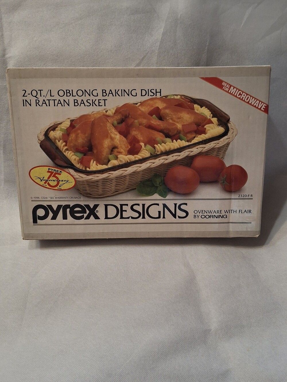 80s Retro Pyrex Brown Oblong Baking Dish with Cream Rattan Basket
